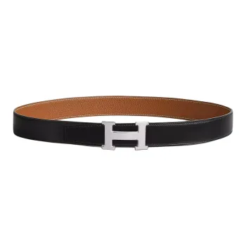 HERMES Grain Effect Design Smooth Buckle Leather Belts Unisex Black/Brown Width  3.2cm
