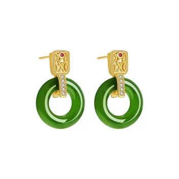 Princess Cui 925 Sterling Silver Hetian Jade Earrings Women's Pale Greenish White Jade