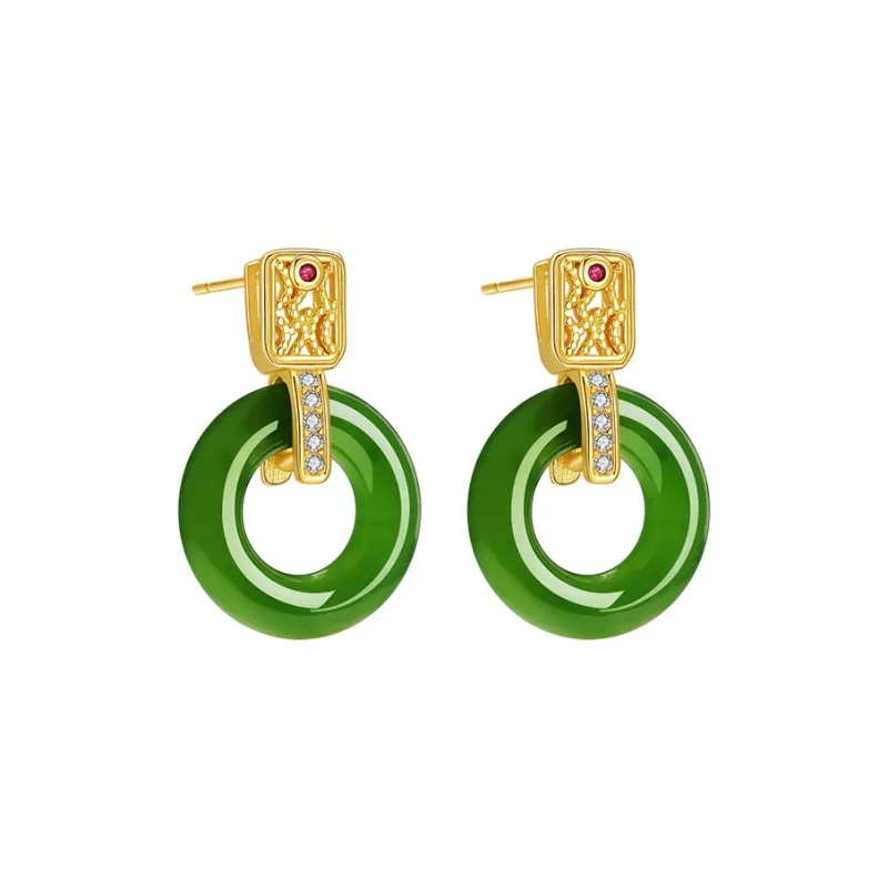Princess Cui 925 Sterling Silver Hetian Jade Earrings Women's Pale Greenish White Jade-0