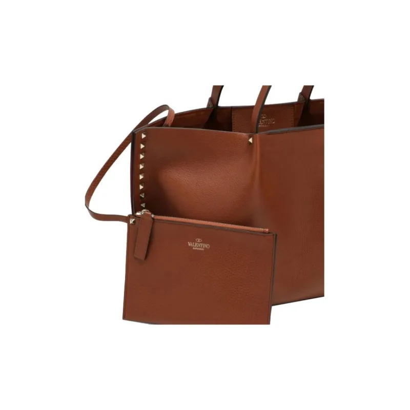 Valentino Rockstud Calfskin Tote Bag Shopping Bag Handbag Medium Size Women's Brown-3