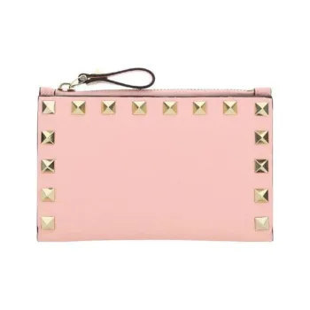 Valentino Rockstud Calfskin Wallet Coin Purses Card Holders Regular Women's Rose Pink