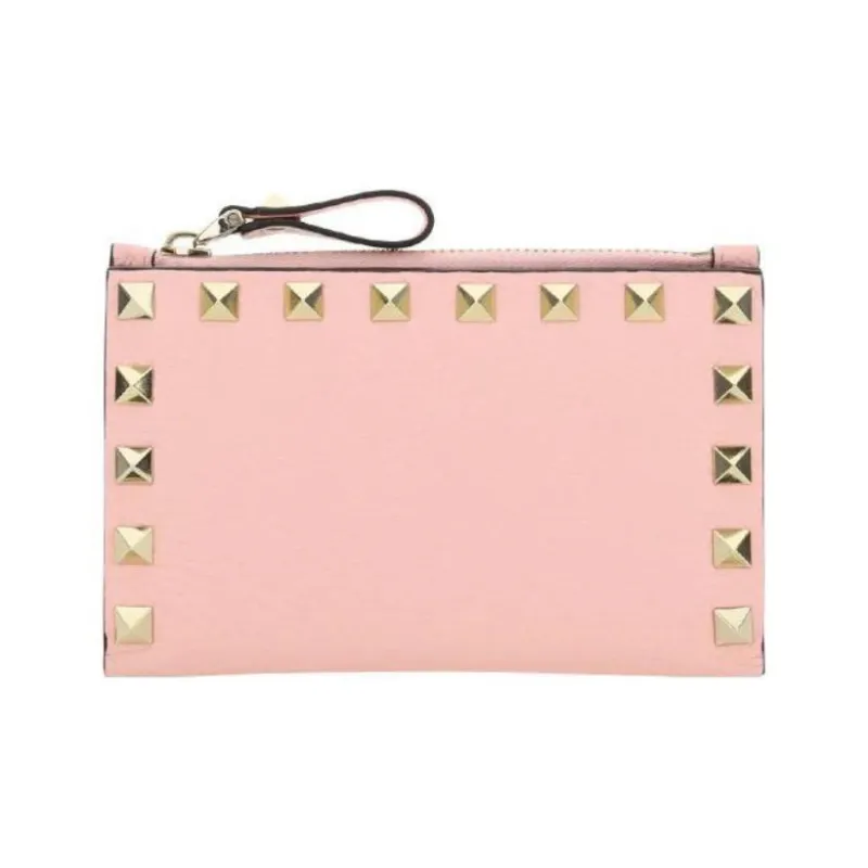Valentino Rockstud Calfskin Wallet Coin Purses Card Holders Regular Women's Rose Pink-0