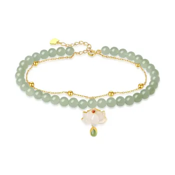 Fu Ru Ji Hetian Jade 925 Sterling Silver Anklet Women's Pale Greenish White Jade