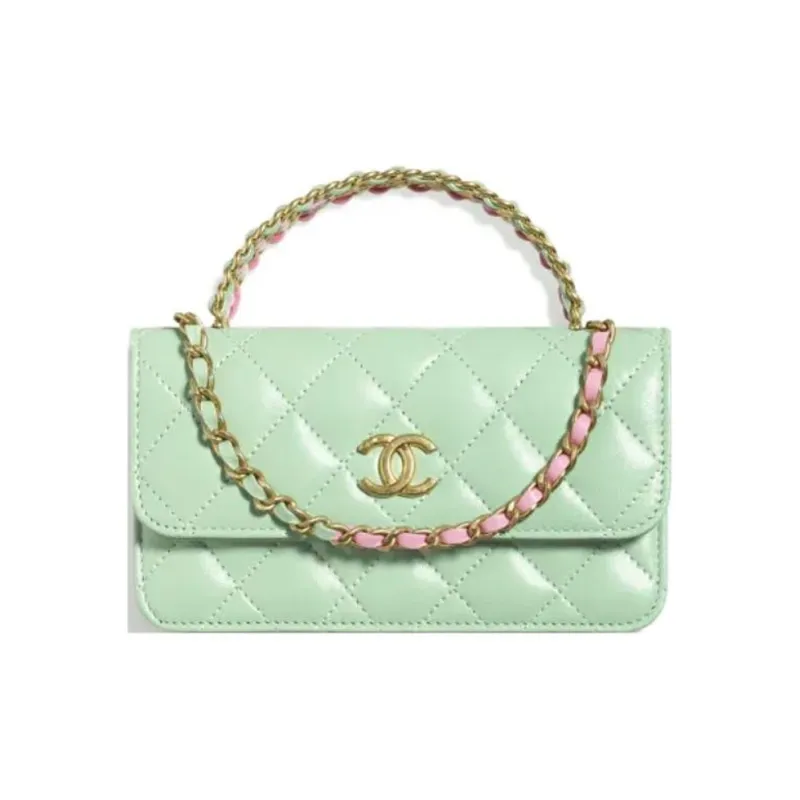 CHANEL Calfskin Chain Bag, Cell Phone Pouch, Handbag, Shoulder Bag, Crossbody Bag Women's Light Green-2