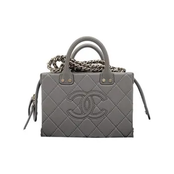 CHANEL Cow Leather Makeup Bag Briefcase Handbag Small Size Women's Gray