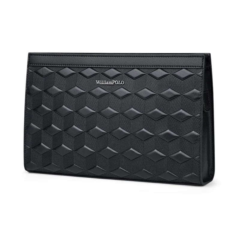 WilliamPOLO Cow Leather Geometric Diamond Pattern Clutch With Handle And Envelope Bag Men's Black-5