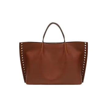 Valentino Rockstud Calfskin Tote Bag Shopping Bag Handbag Medium Size Women's Brown