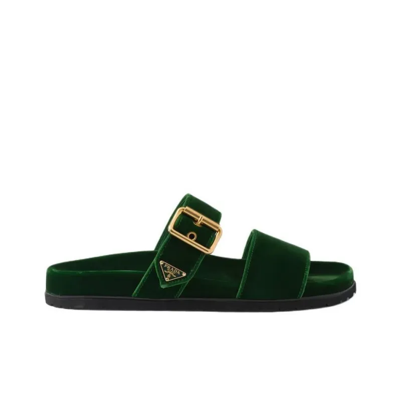 PRADA Enamel Triangle-logo Velvet Slides-1