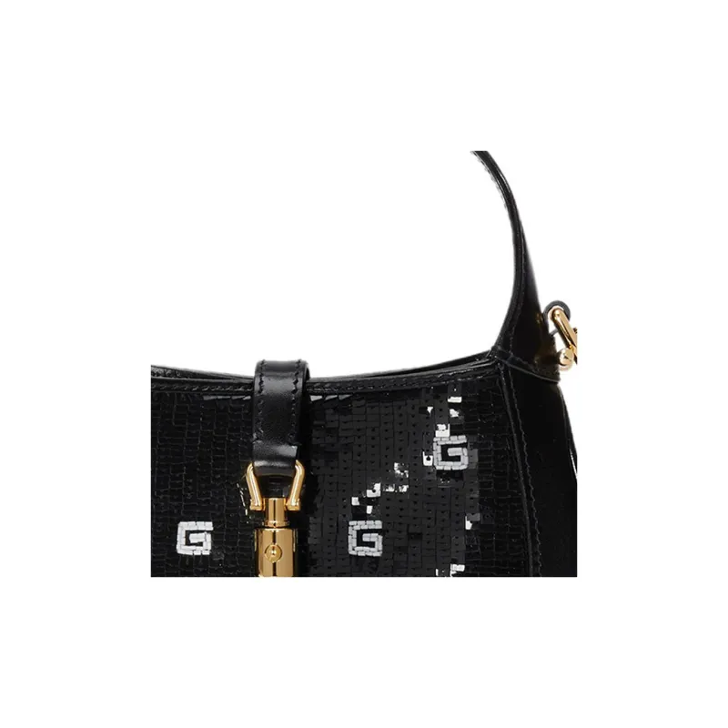 GUCCI Jackie 1961 Sequins Silk Satin With Leather Trim Handbag Shoulder Bag Mini Women's Black & White-6