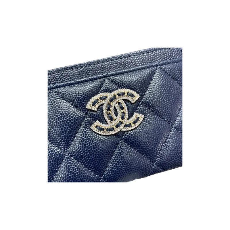 CHANEL Grain Embossed Caviar Cow Leather Card Holder Women's Blue-3