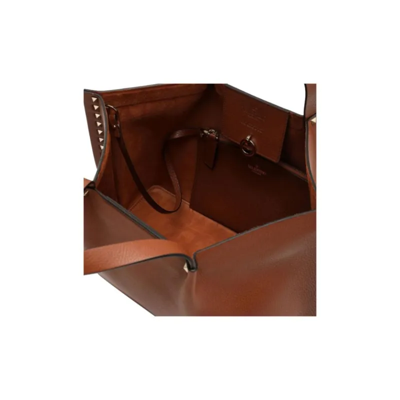 Valentino Rockstud Calfskin Tote Bag Shopping Bag Handbag Medium Size Women's Brown-2
