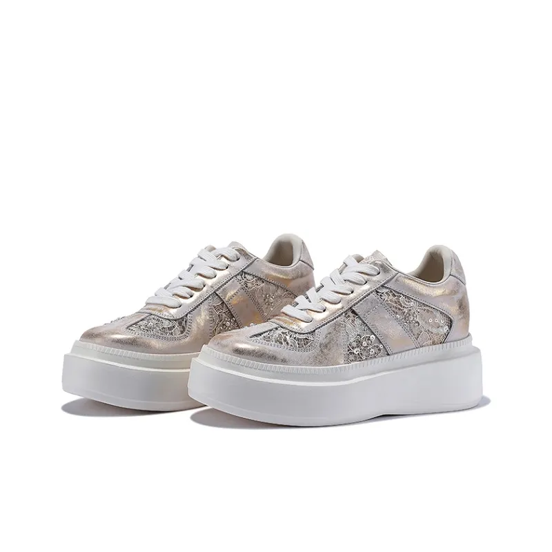 BELLALILY Anti Slip And Wear Resistant Height Increasing Low Top Skateboard Shoes Women's Silver, Gold-6