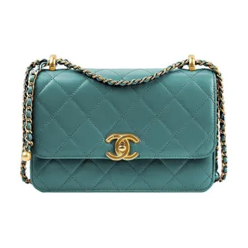 CHANEL Calfskin With Metal Flap Wallet Coin Purse Crossbody Bag Small Size Women's Green