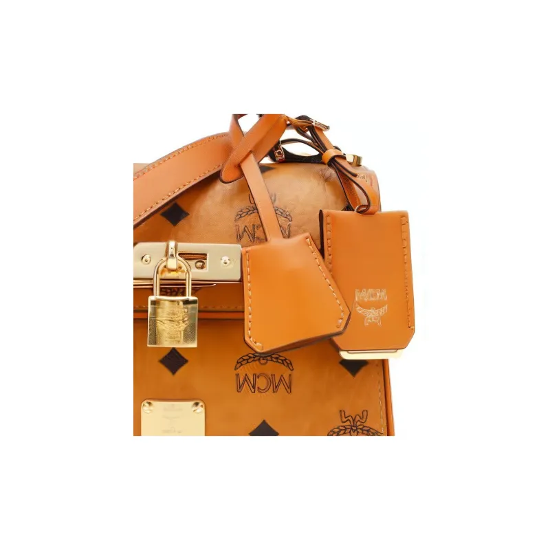 MCM Essential Visetos Origina Cow Leather Handbag, Shoulder Bag, Crossbody Bag Mini Women's Brown Cognac-3