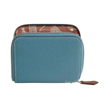 HERMES Silk'In Barenia Natural Leather Wallet Small Size Women's New Denim Blue