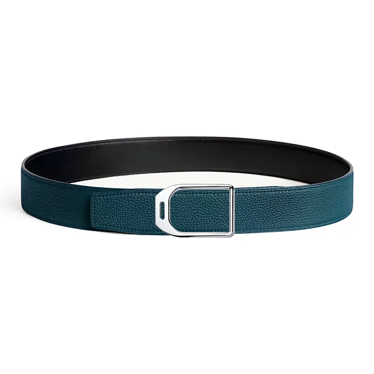 HERMES Horse Riding Instructor Stirrup Styling Smooth Buckle Leather Belts Men's Black/Blue Width  3.8CM-1