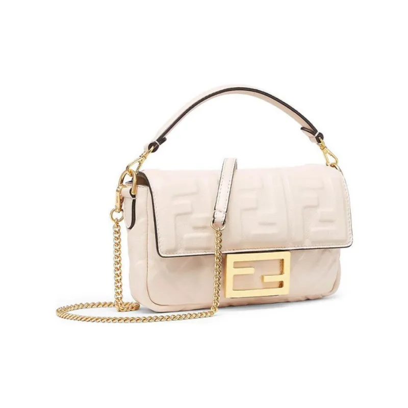 FENDI Nappa Leather Baguette Bag Chain One Shoulder Handbag Crossbody Bag Mini Women's Ecru-1