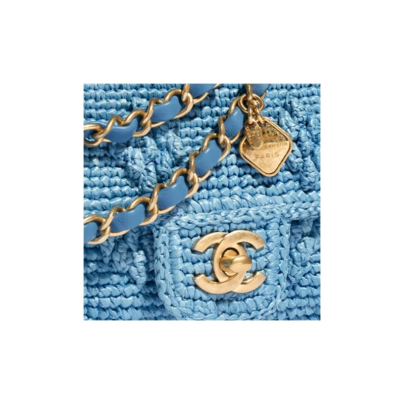 CHANEL Raffia Effect Woven Shoulder Bag, Crossbody Bag Mini Women's Blue-3