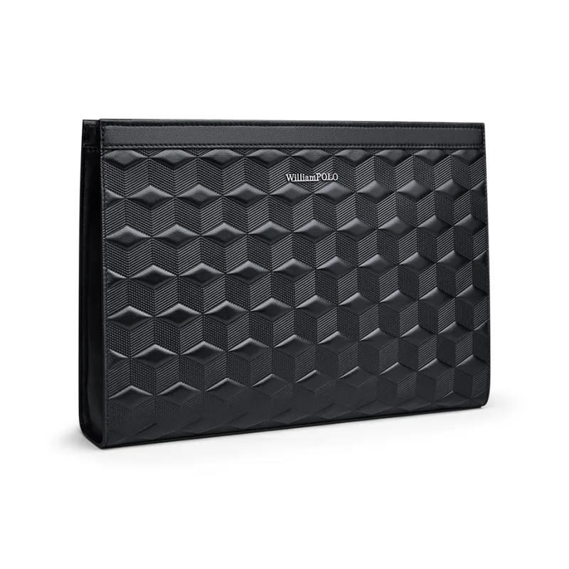 WilliamPOLO Cow Leather Geometric Diamond Pattern Clutch With Handle And Envelope Bag Men's Black-8