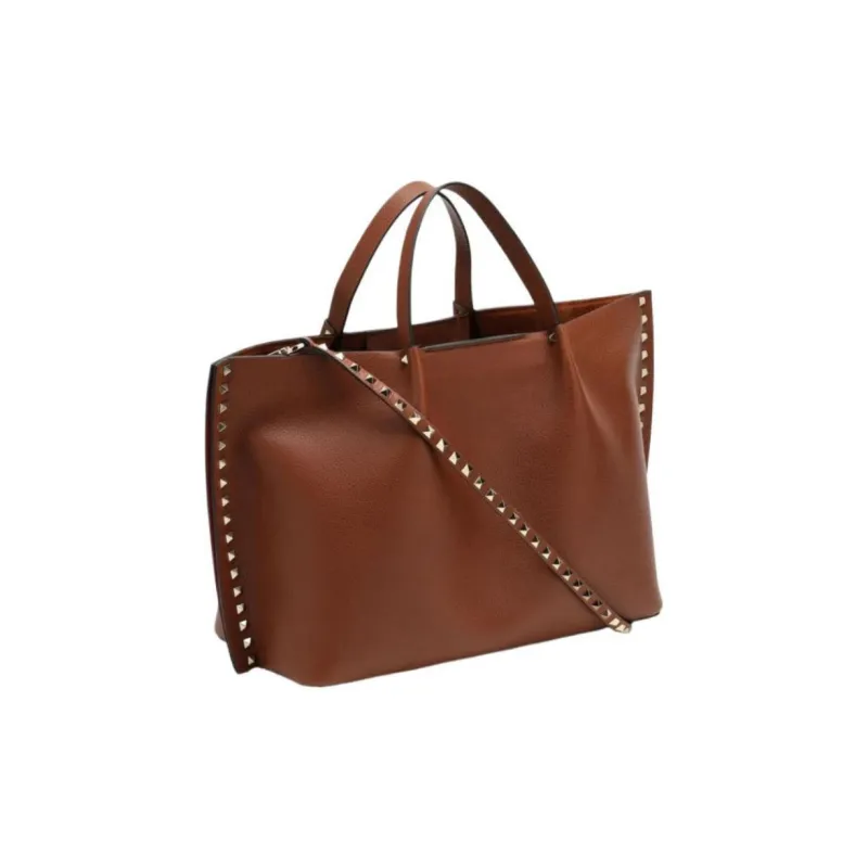 Valentino Rockstud Calfskin Tote Bag Shopping Bag Handbag Medium Size Women's Brown-1
