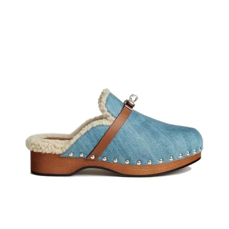 HERMES Carlotta Wrap-toe Slippers Women's Blue Claire-1