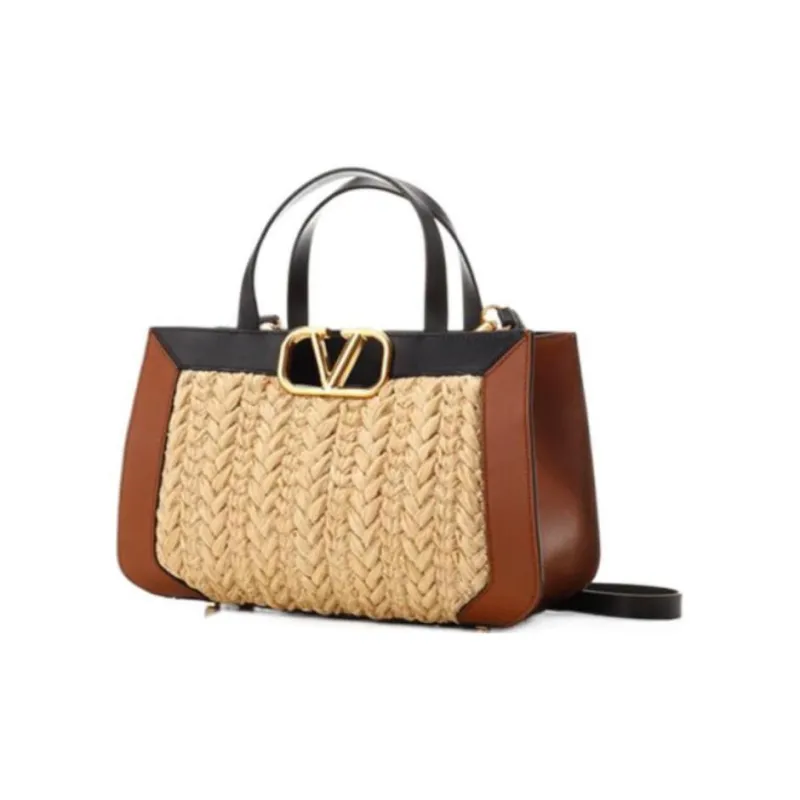 Valentino Straw With Calfskin Shoulder Bag Crossbody Bag Handbag Women's Light Brown-2