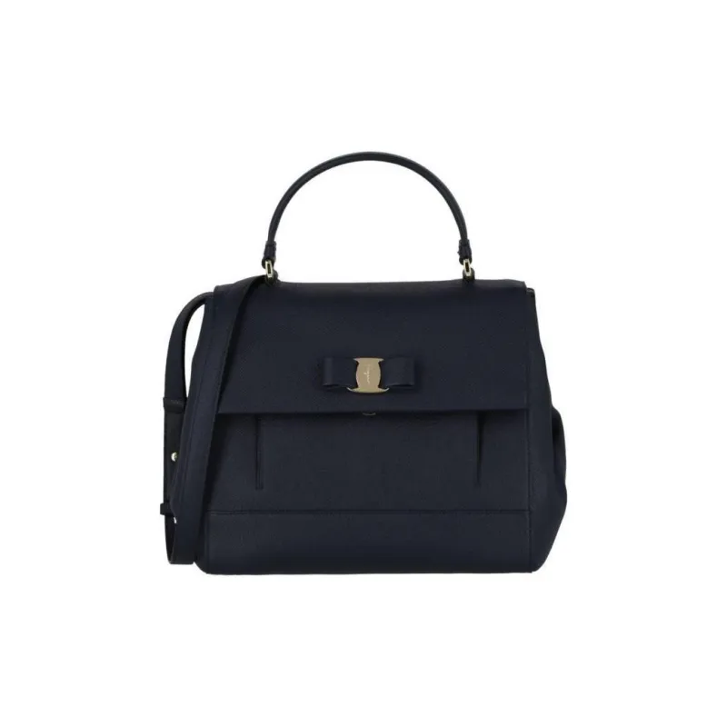 FERRAGAMO Vara Pebbled Leather Handbag Shoulder Bag Crossbody Bag Women's Marine Blue-0