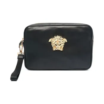 VERSACE Cow Leather Coin Purse Commute Clutch Trumpets Men's Black