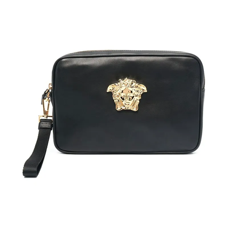 VERSACE Cow Leather Coin Purse Commute Clutch Trumpets Men's Black-0