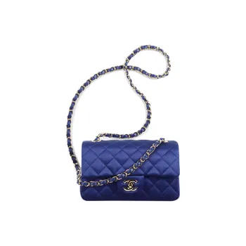 CHANEL Classic Flap CF Silk Shoulder Bag, Crossbody Bag Mini Women's Dark Blue