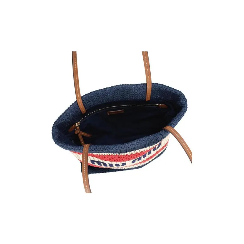 MIU MIU Straw And Wicker Hookwoven Tote Bag Shopping Bag Shoulder Bag Handbag Small Size Women's Multicolor Stripes-3