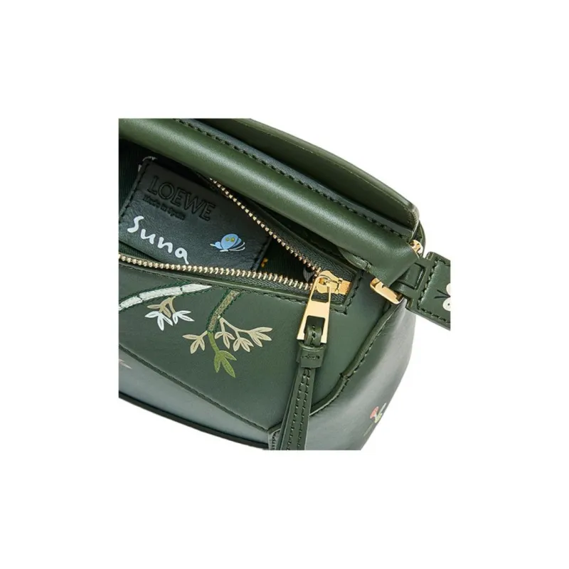 LOEWE Suna Fujita Collaboration Puzzle Satin Cow Leather Shoulder Bag Crossbody Bag Handbag Mini Women's Dark Green-5