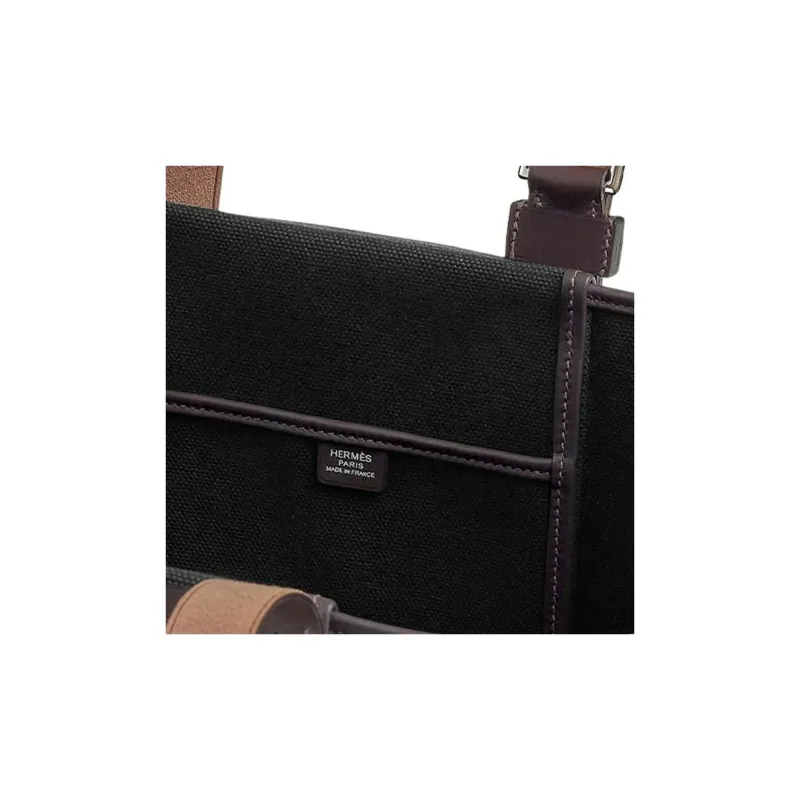HERMES Goeland Canvas With Hunter Leather And Swift Calfskin One Shoulder Handbags Women's Black & Brown-3