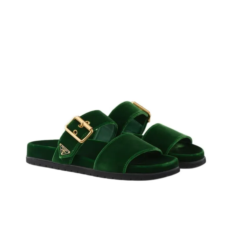 PRADA Enamel Triangle-logo Velvet Slides-2