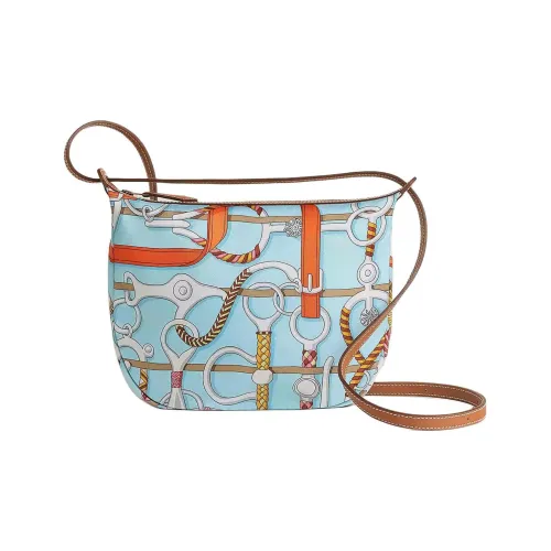 HERMES Silky Taffeta And Swift Calfskin One Shoulder Crossbody Makeup Bag Women's Sky Blue Orange Gold