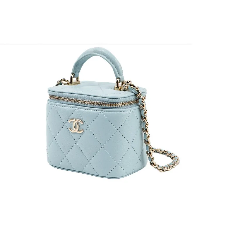 CHANEL Sheepskin Box Bag, Small Box Shoulder Bag, Crossbody Bag Mini Women's Baby Blue Light Blue-1
