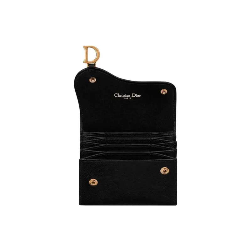 DIOR Saddle Grained Cow Leather Wallets Card Holders Unisex Black-3