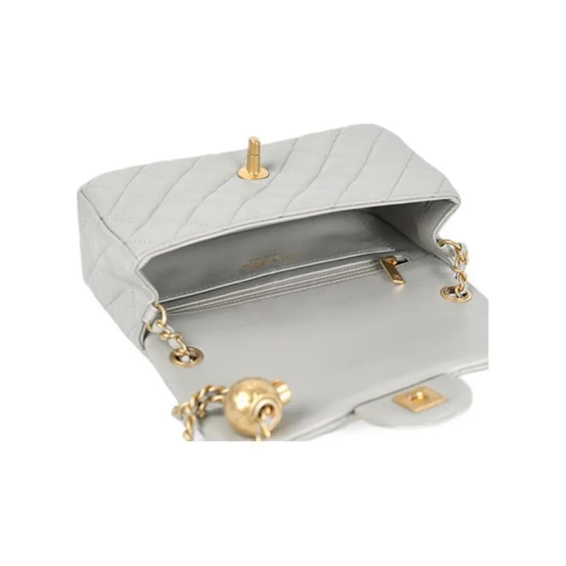 CHANEL Classic Flap CF Small Gold Ball Sheepskin Flap Bag, Shoulder Bag, Crossbody Bag Mini Women's Gray Green-3