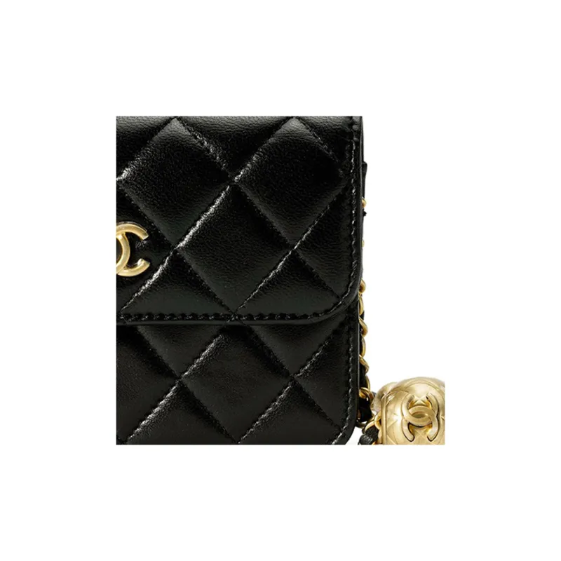 CHANEL Little Golden Ball Sheepskin Coin Purse, Fanny Pack, Shoulder Bag, Crossbody Bag Women's Black-5