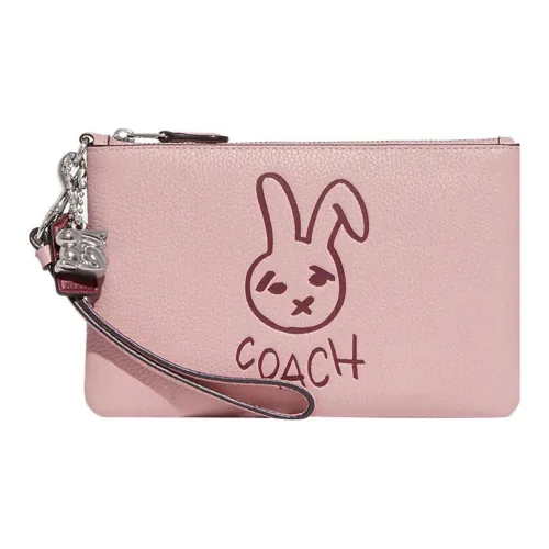COACH Wristlet Pebbled Leather Wrist Bag Clutch Small Size Women's Pink