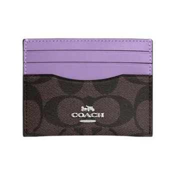 COACH Card Case Canvas With Leather ID Card Holder Card Clip Card Wallet Women's Dark Brown With Purple Accents