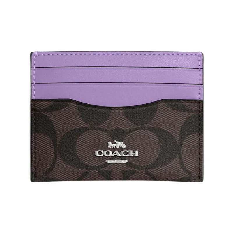 COACH Card Case Canvas With Leather ID Card Holder Card Clip Card Wallet Women's Dark Brown With Purple Accents-0