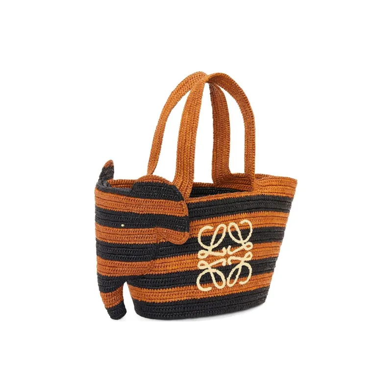 LOEWE BasketAnagram Raffia Fiber Tote Bag, Shopping Bag, Shoulder Bag, Handbag Small Size Women's Black & Bee Gold-1