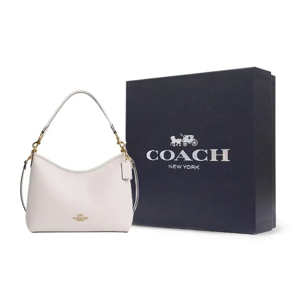 COACH Pebbled Leather Portable Crossbody Bag Shoulder Bag Large Size Women's Gold & Chalk-8