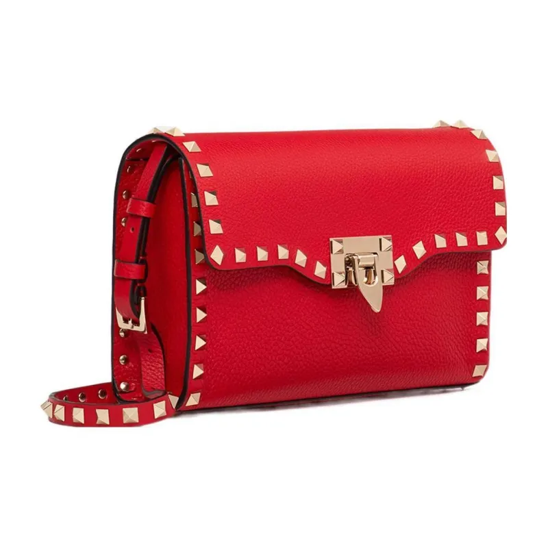 Valentino Rockstud Calfskin Messenger Bag Shoulder Bag, Crossbody Bag Women's Red-1
