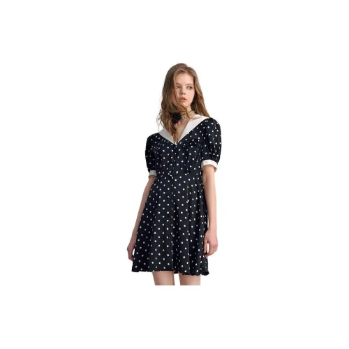 ITIB Short-Sleeved Dresses Women's Black Background With White Polka Dots