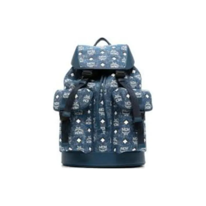 MCM Leather Backpack Medium Size Unisex Denim Blue-1