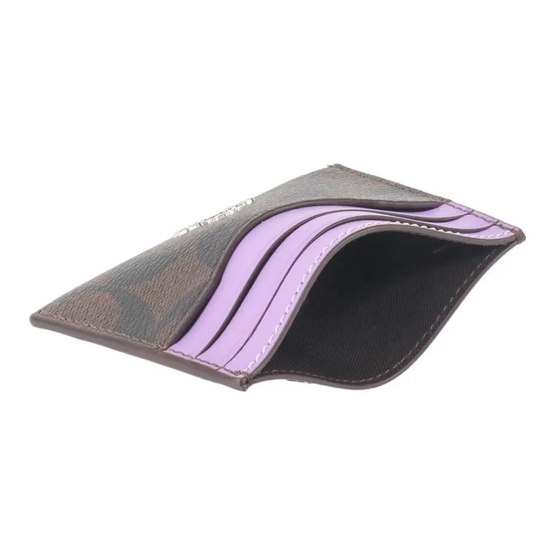 COACH Card Case Canvas With Leather ID Card Holder Card Clip Card Wallet Women's Dark Brown With Purple Accents-4
