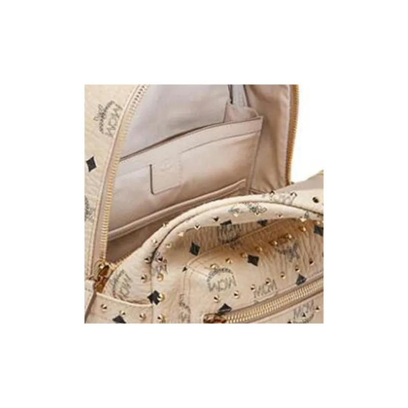 MCM Stark Visetos Leather Backpack Small Size Women's Apricot-5