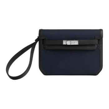 HERMES Kelly Depeches Woolycot Canvas With Togo Calfskin Clutch Men's Marine Blue & Black